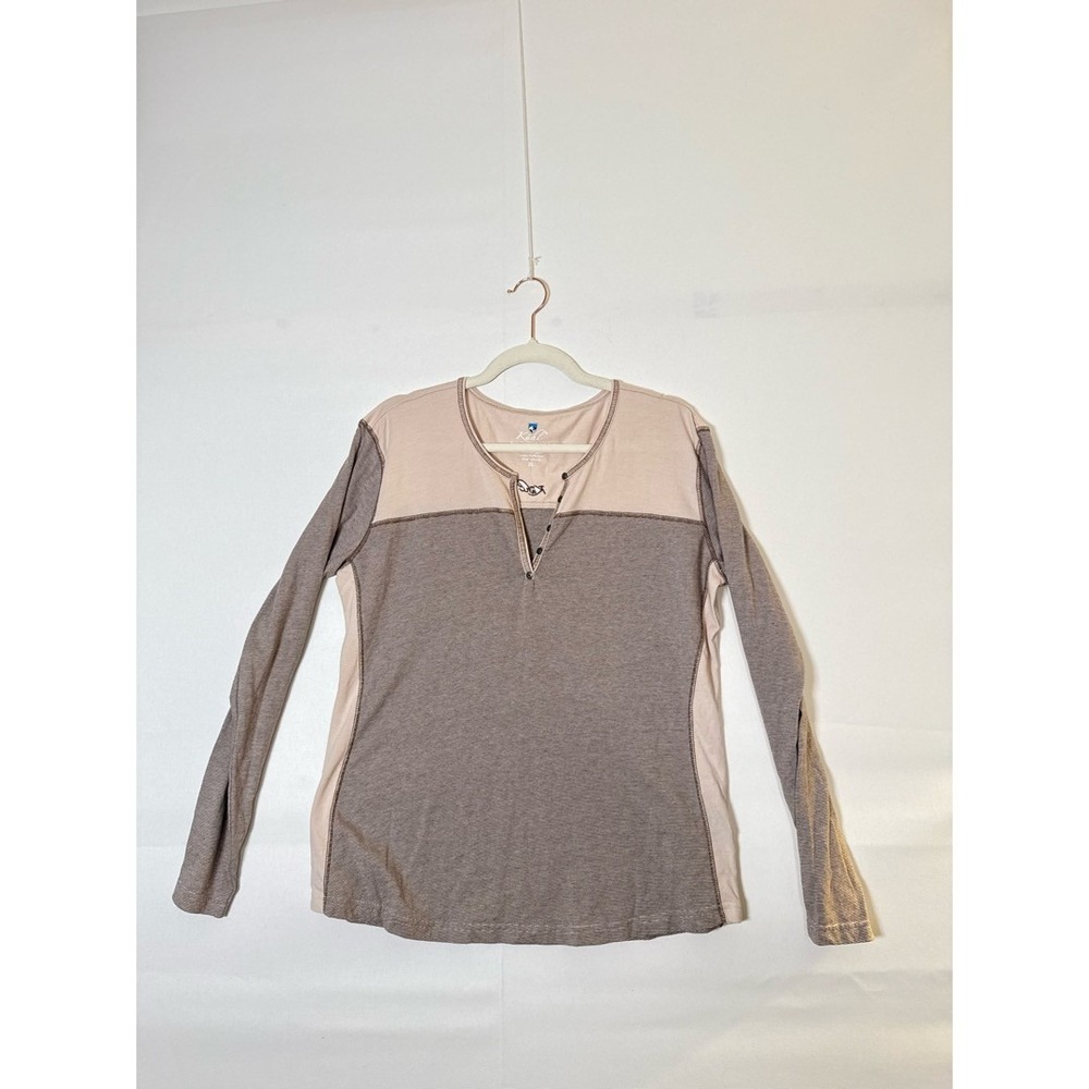 Kuhl • Womens Long Sleeve Henley Shirt XL Beige Brown Stripe Comfort‎ Casual